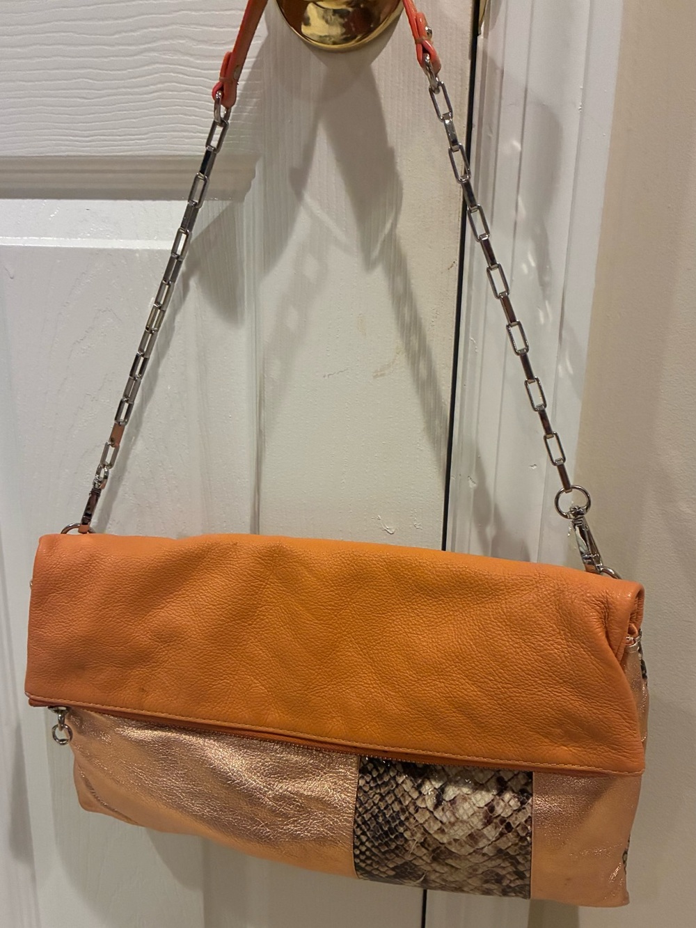 Rafe Orange Fold-Over Leather Shoulder Bag with Snake-Print Accent
